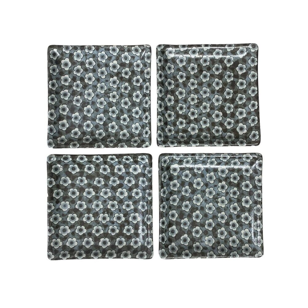 Kanesada Sushi Plate Set of 4 Square Dishes Blue Gray Floral 5x5"